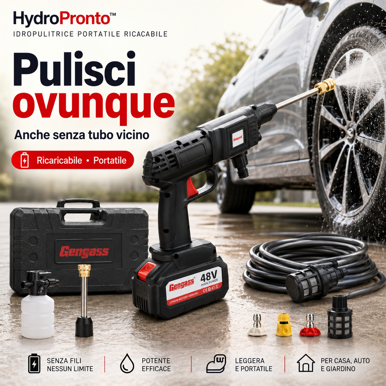 HydroPronto™ Idropulitrice Portatile Ricaricabile per Auto, Bici, Balcone e Giardino