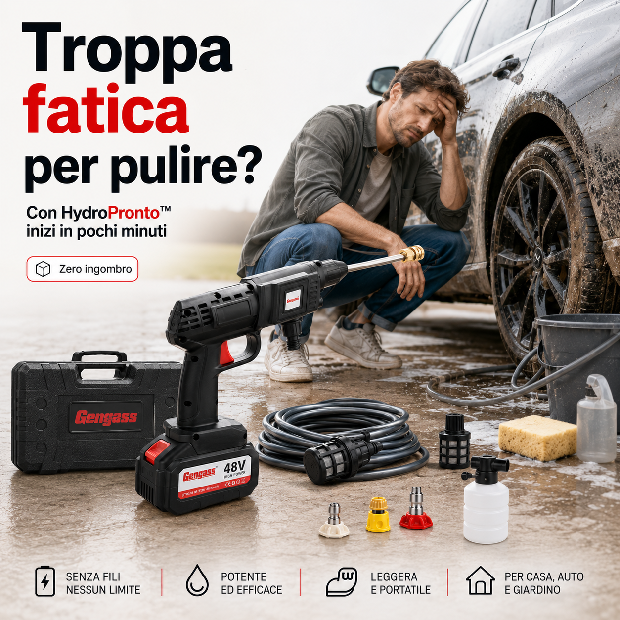 HydroPronto™ Idropulitrice Portatile Ricaricabile per Auto, Bici, Balcone e Giardino