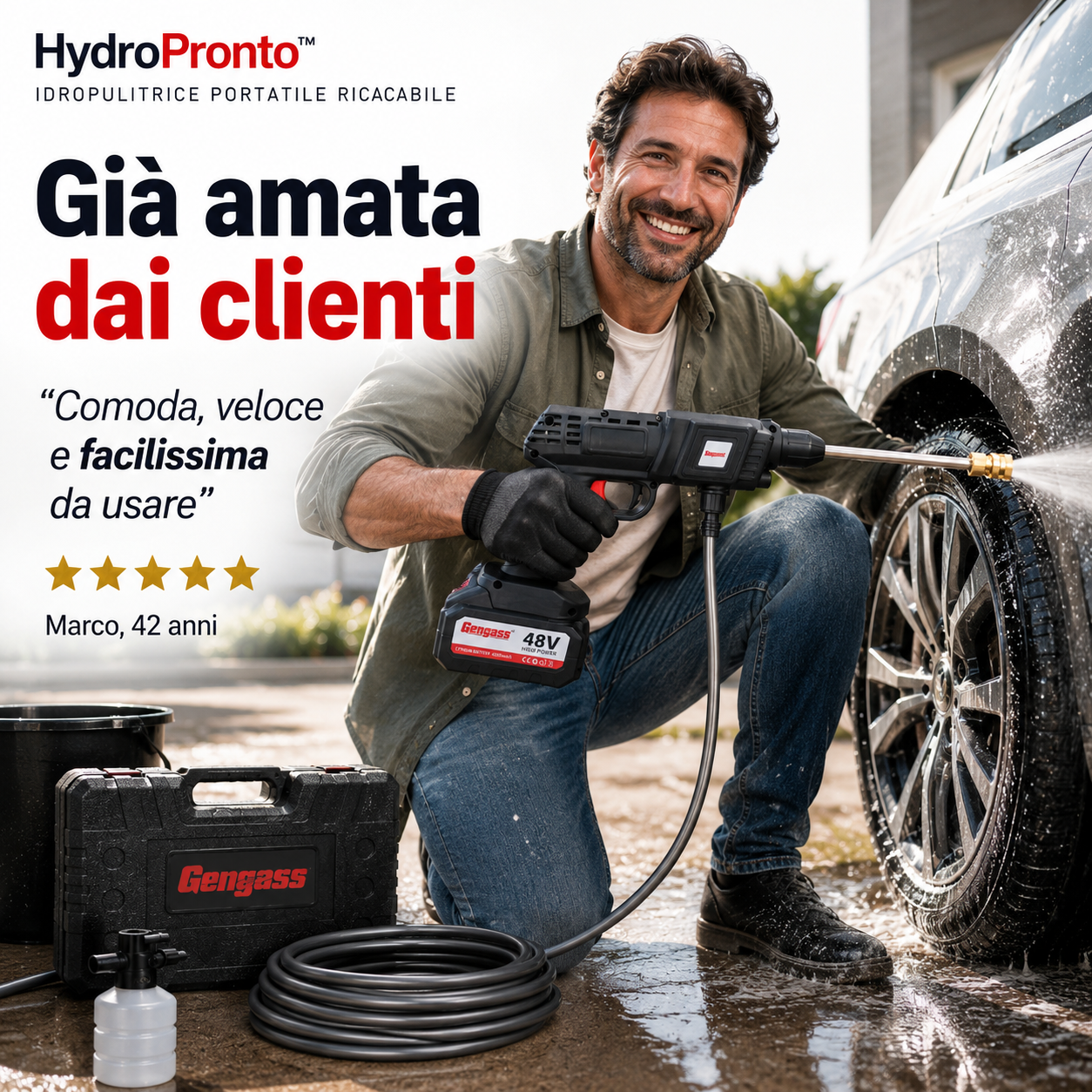 HydroPronto™ Idropulitrice Portatile Ricaricabile per Auto, Bici, Balcone e Giardino