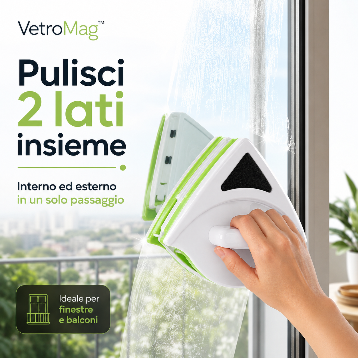 VetroMag™ Lavavetri a Calamita per Pulire Interno ed Esterno del Vetro in un Solo Passaggio