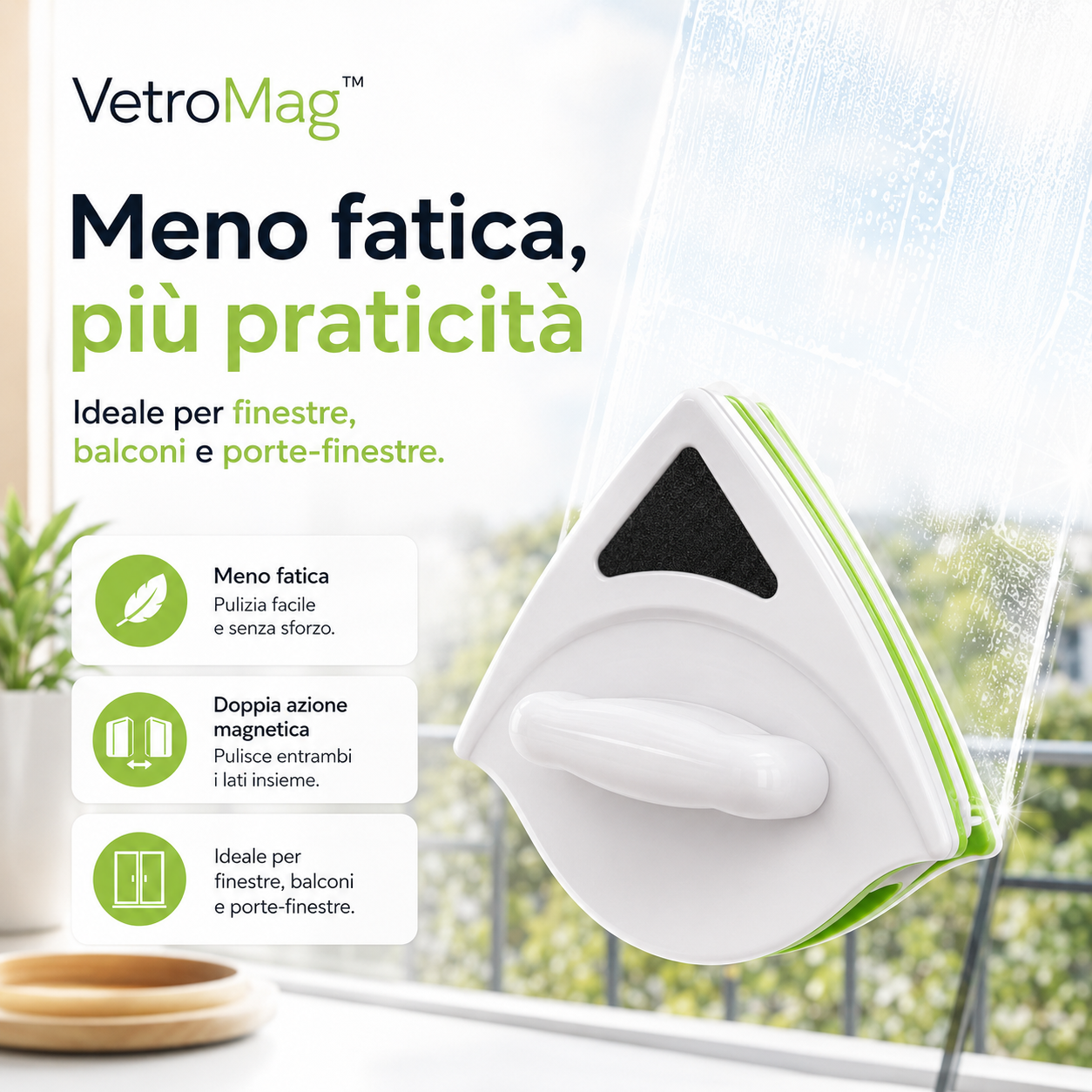 VetroMag™ Lavavetri a Calamita per Pulire Interno ed Esterno del Vetro in un Solo Passaggio