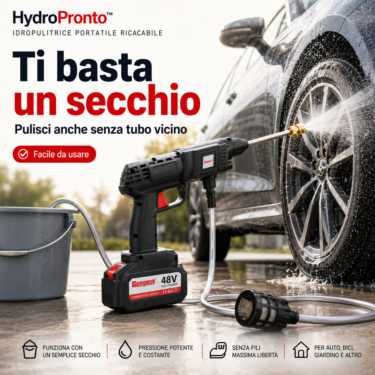 HydroPronto™ Idropulitrice Portatile Ricaricabile per Auto, Bici, Balcone e Giardino
