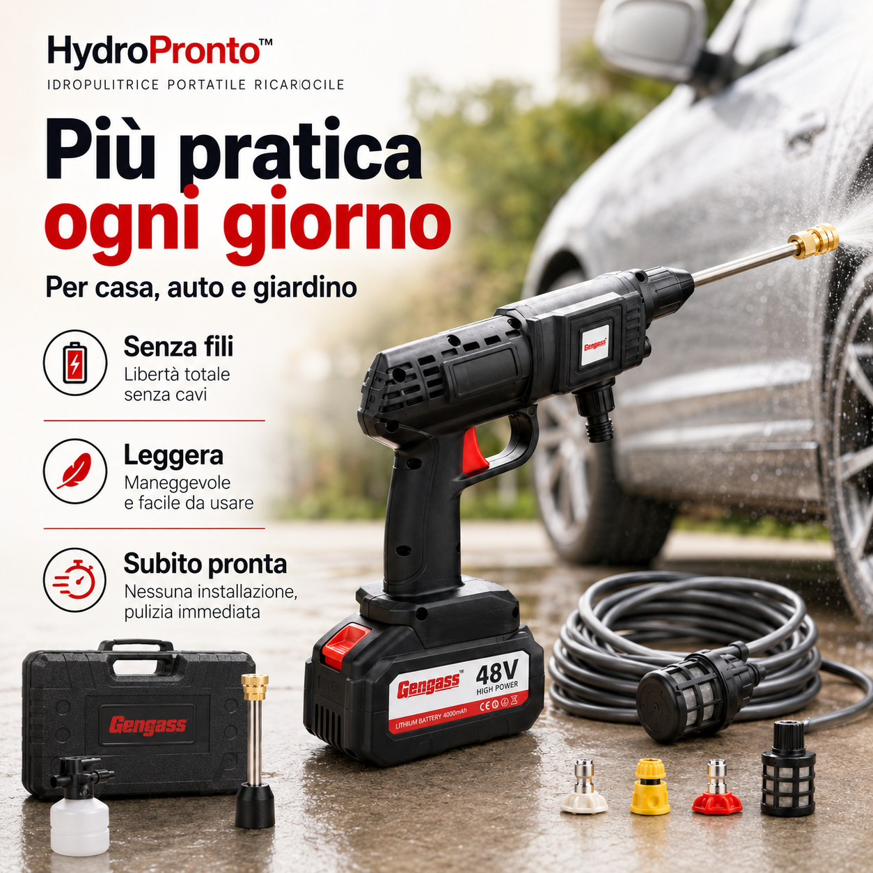 HydroPronto™ Idropulitrice Portatile Ricaricabile per Auto, Bici, Balcone e Giardino