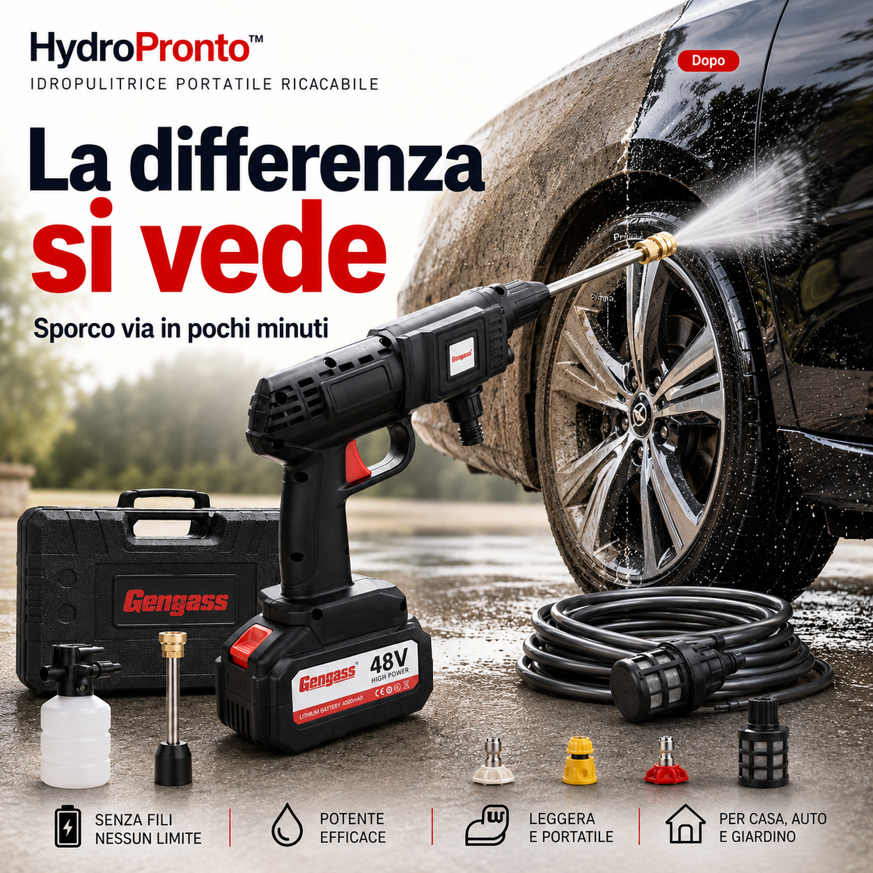 HydroPronto™ Idropulitrice Portatile Ricaricabile per Auto, Bici, Balcone e Giardino