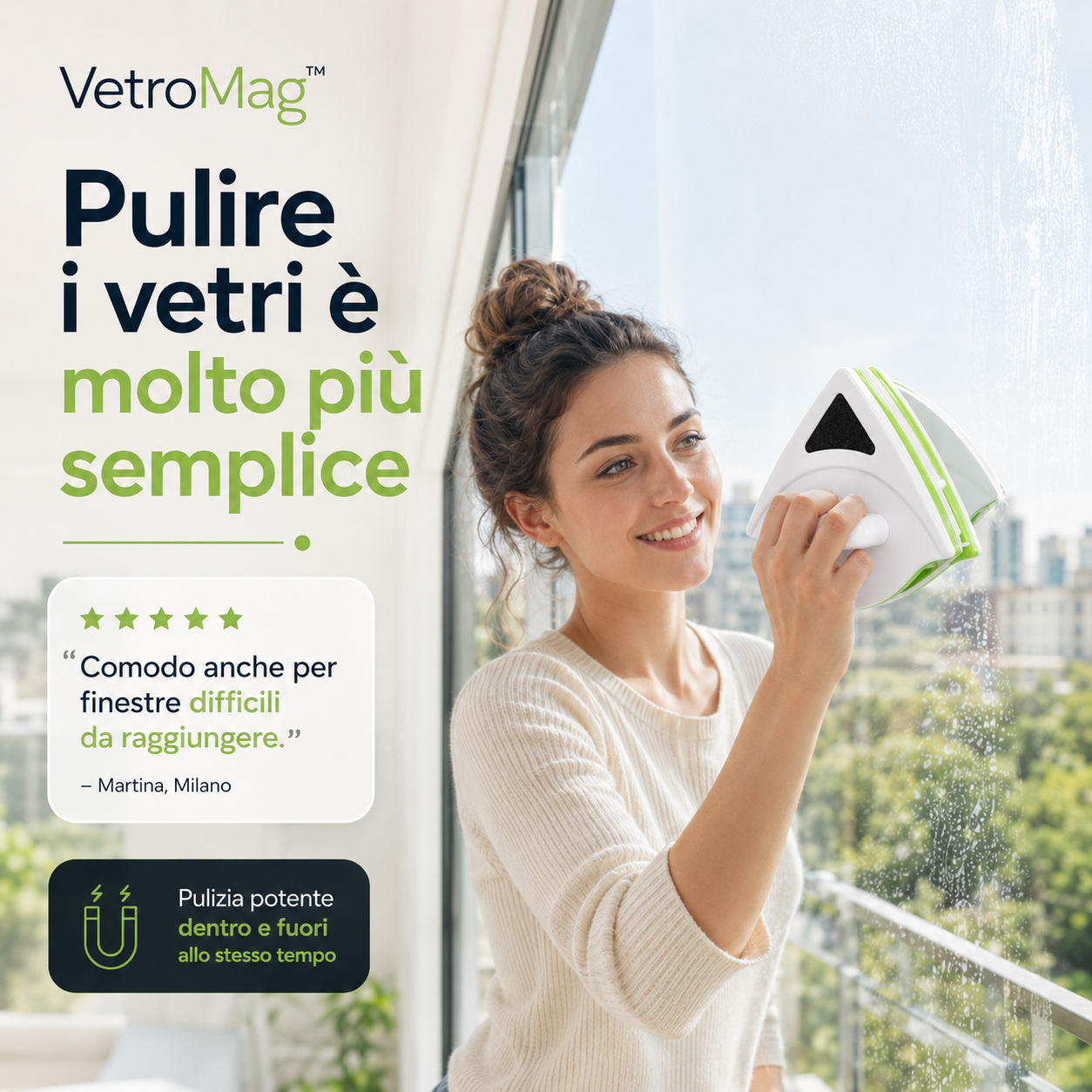 VetroMag™ Lavavetri a Calamita per Pulire Interno ed Esterno del Vetro in un Solo Passaggio