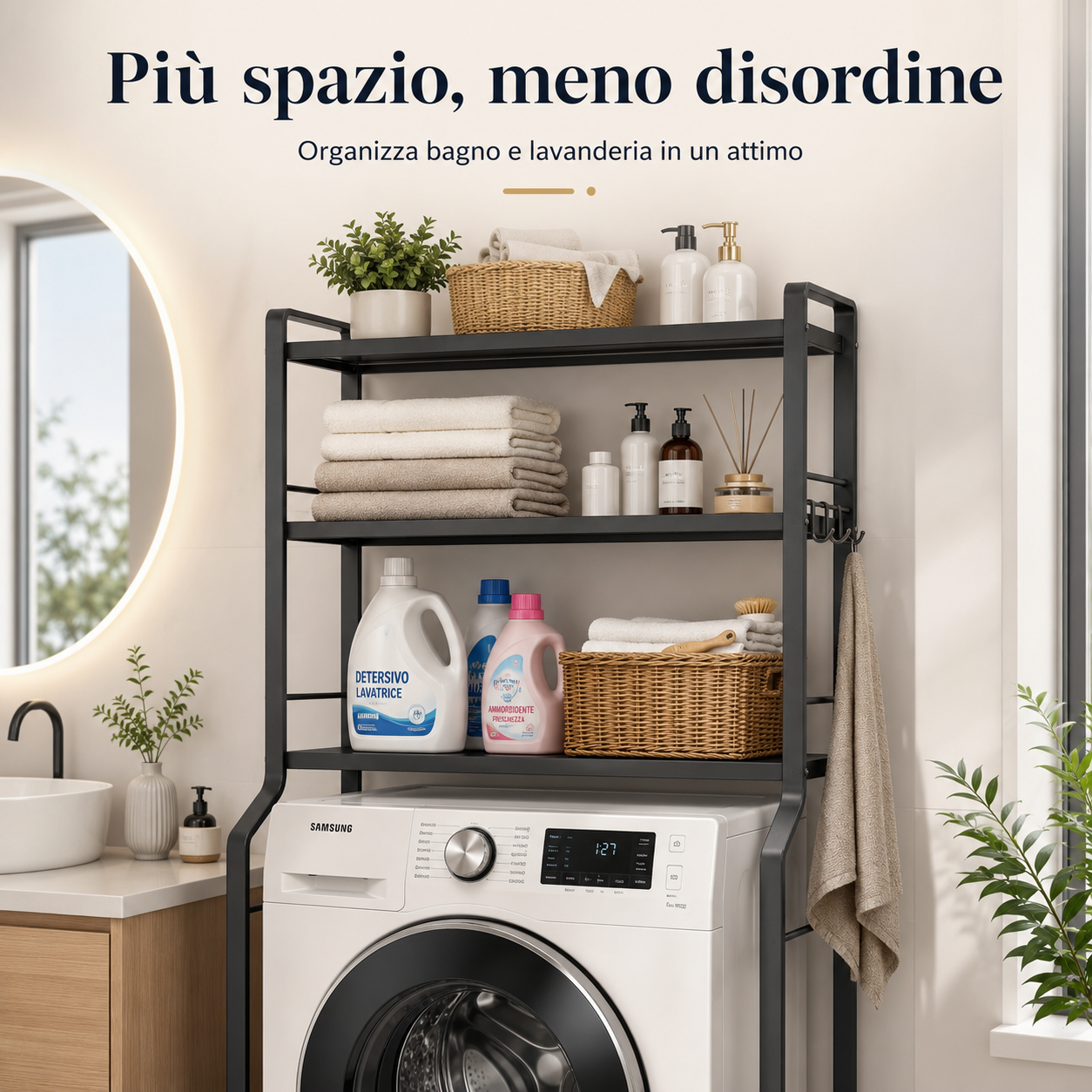 Scaffale Salvaspazio per bagno-lavatrice in metallo a 3 livelli